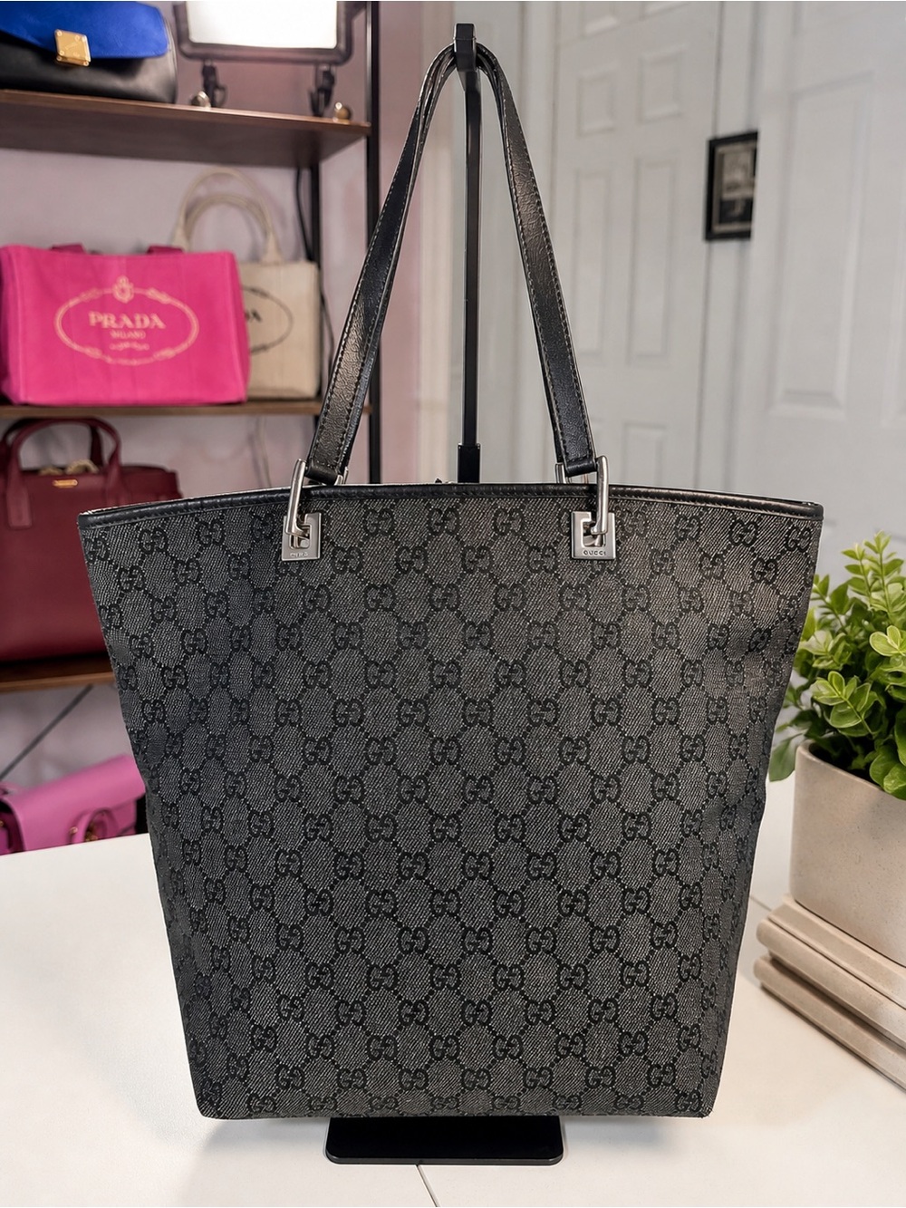 Gucci Gray GG Supreme Canvas Tote with Black Leather Straps